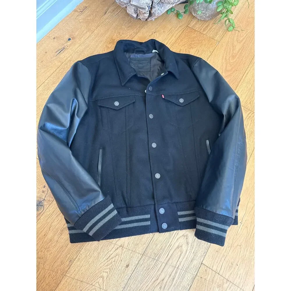 Levi’s x Thermore Men’s Black Wool Leather Sleeve Varsity Trucker Jacket XL